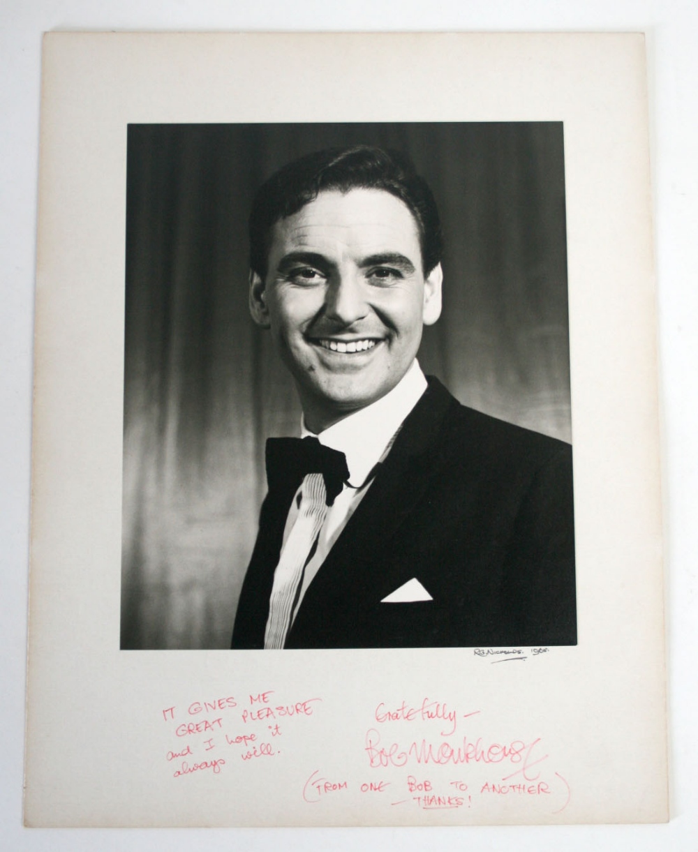 Large photo display (14"x 18") of Bob Monkhouse 1965 by RG Nicholds, with Monkhouse autograph &