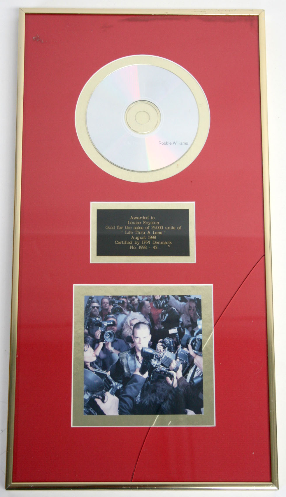Robbie Williams "Life Thru A Lens" Gold Disc For 25,000 Units in Denmark, presented to Louise