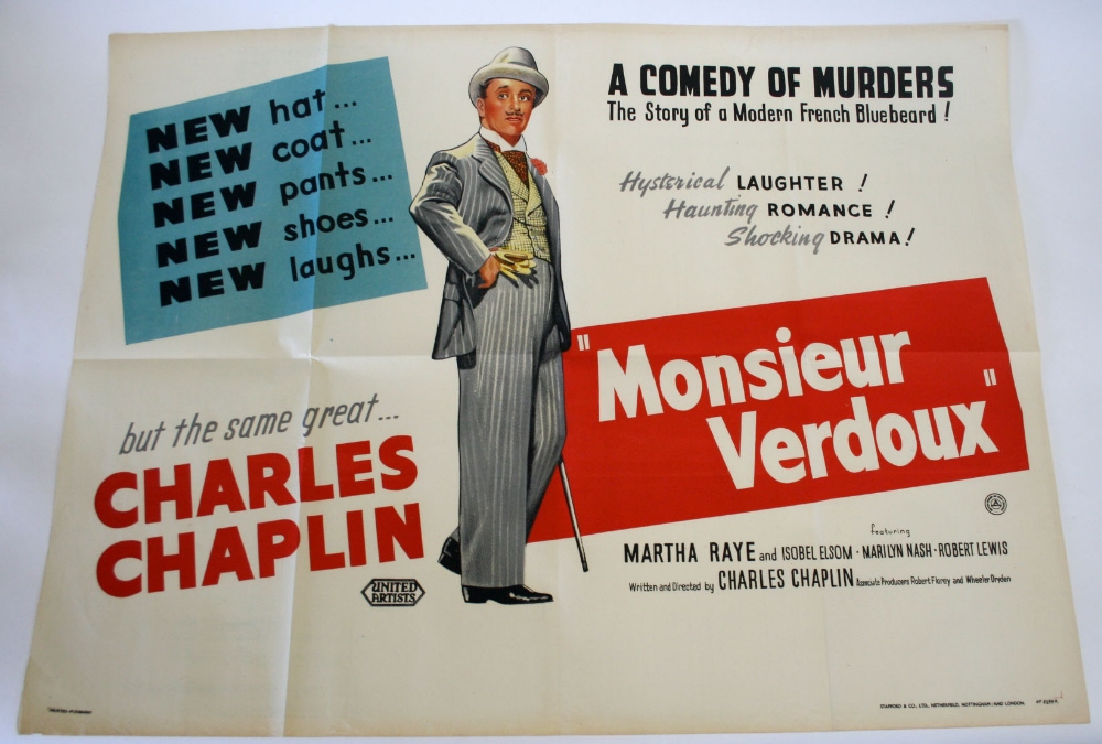 Monsieur Verdoux 1947 Charlie Chaplin cinema poster being a UK quad example which was printed by