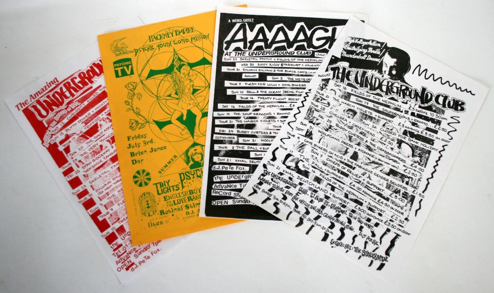 Four concert flyers (8"x 12") 1986-87 for the Underground Club Croydon & Hackney Empire including