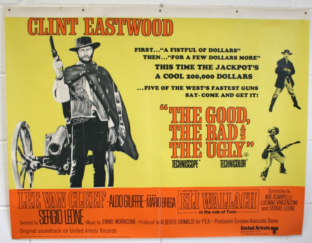 UK Quad cinema poster for the Clint Eastwood Western The Good The Bad & The Ugly, being a 1970`s