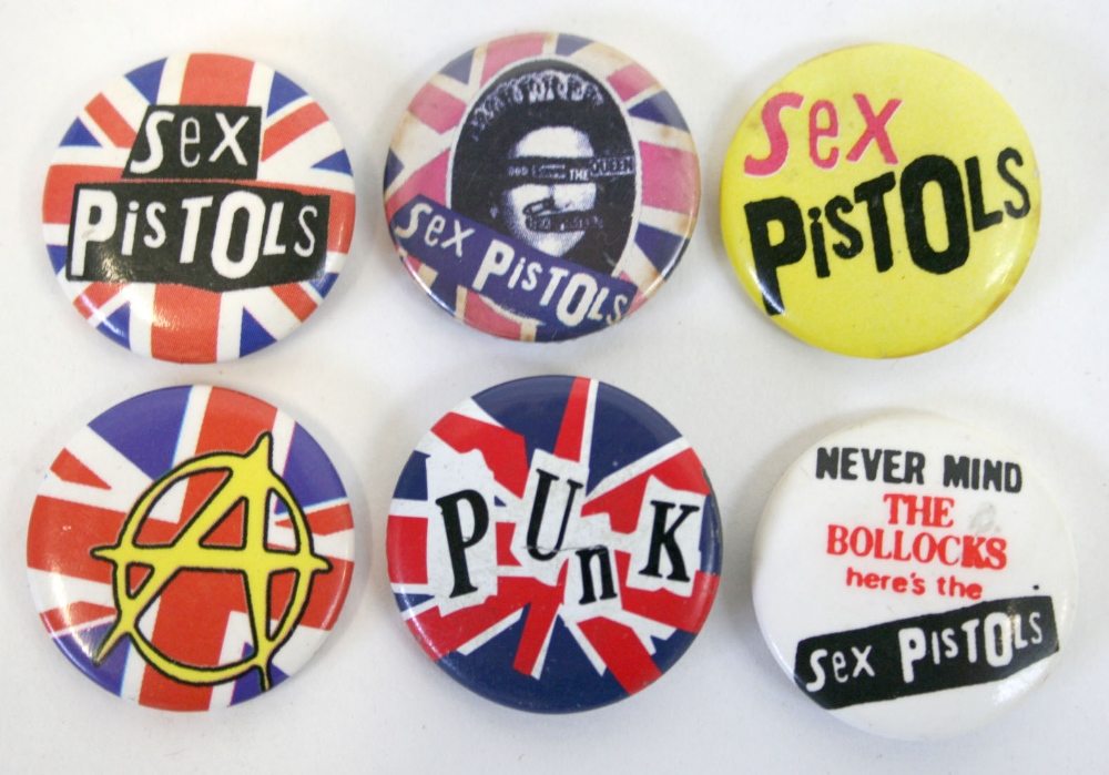 Six Sex Pistols Button Badges circa 1970`s, Punk, Sex Pistols x 2, A for Anarchy, God Save The Queen