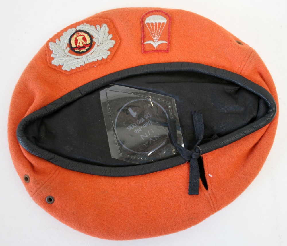 Scarce East German DDR NVA Paratrooper Officers Beret in orange cloth with two piece embroidered