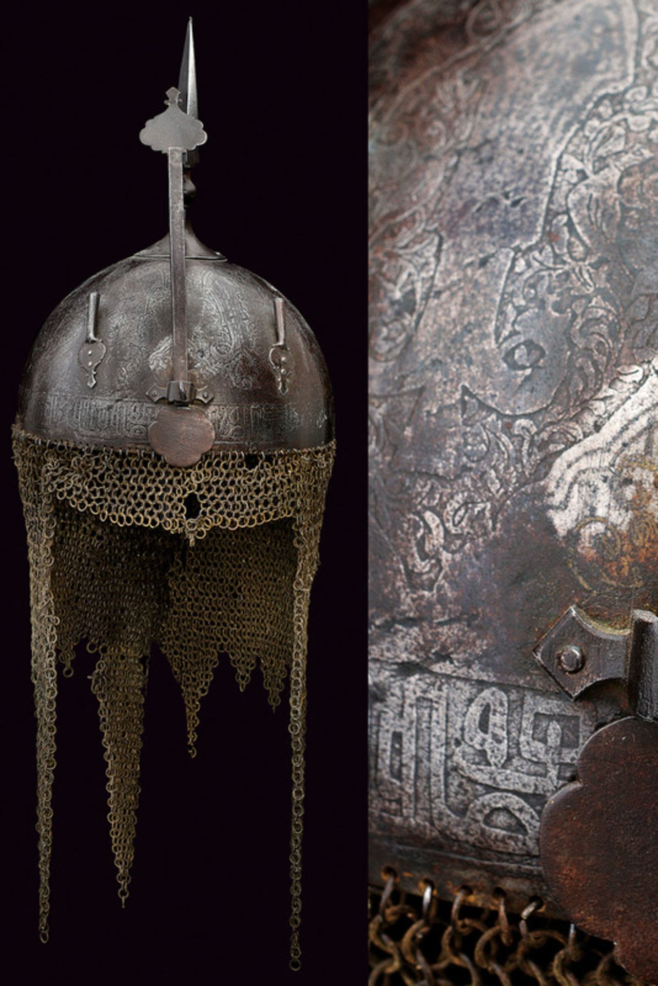 A khula-khud dating: circa 1800 provenance: Indopersia Hemispherical, iron skull, engraved with