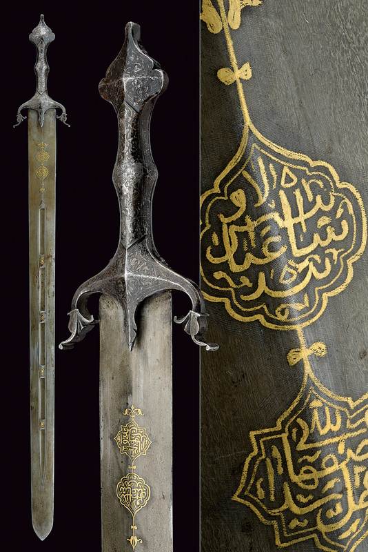 A ceremonial damask sword dating: late 18th Century provenance: Persia Wide, straight, double-