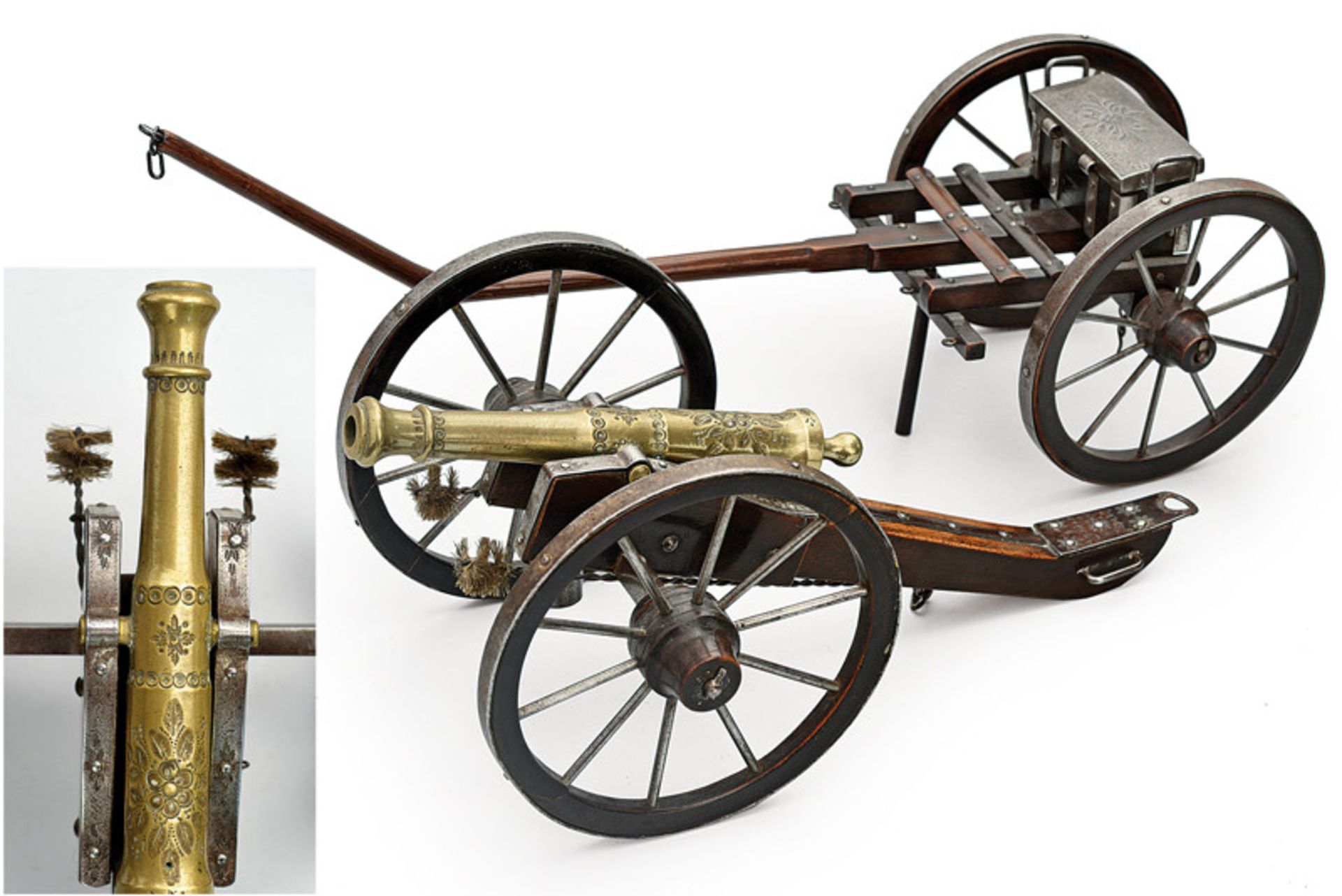 A model of a field gun and limber dating: 19th Century provenance: Europe Brass cannon thickened
