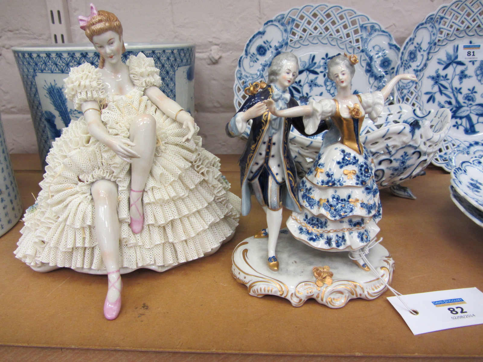 German Unterweissbach porcelain figure of a ballerina and another blue and white group of dancers