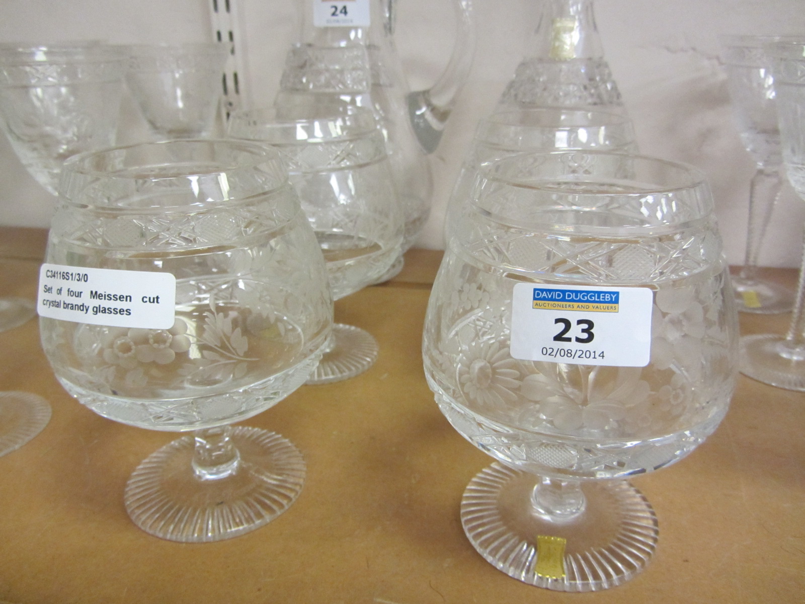 Set of four Meissen cut crystal brandy glasses