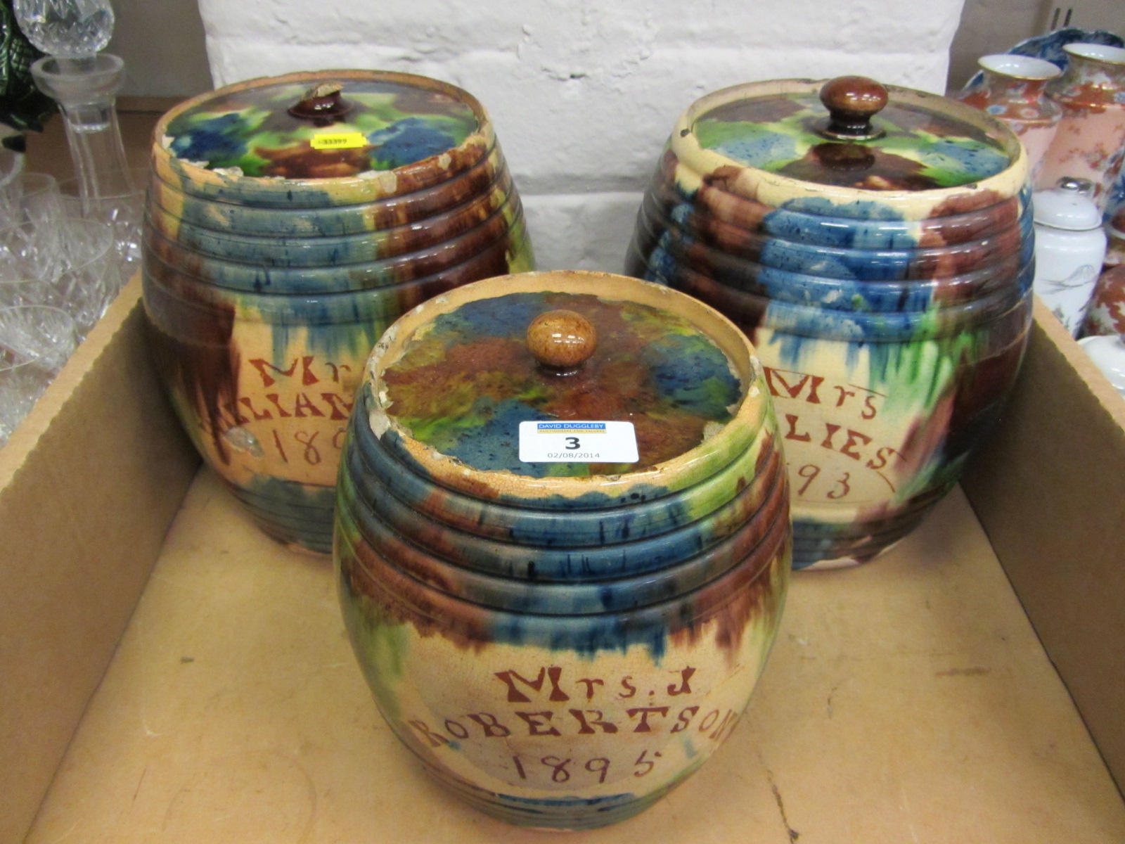Set of three Scottish Portobello Majolica pottery barrels each named and dated 1893/5/6, 23cm high