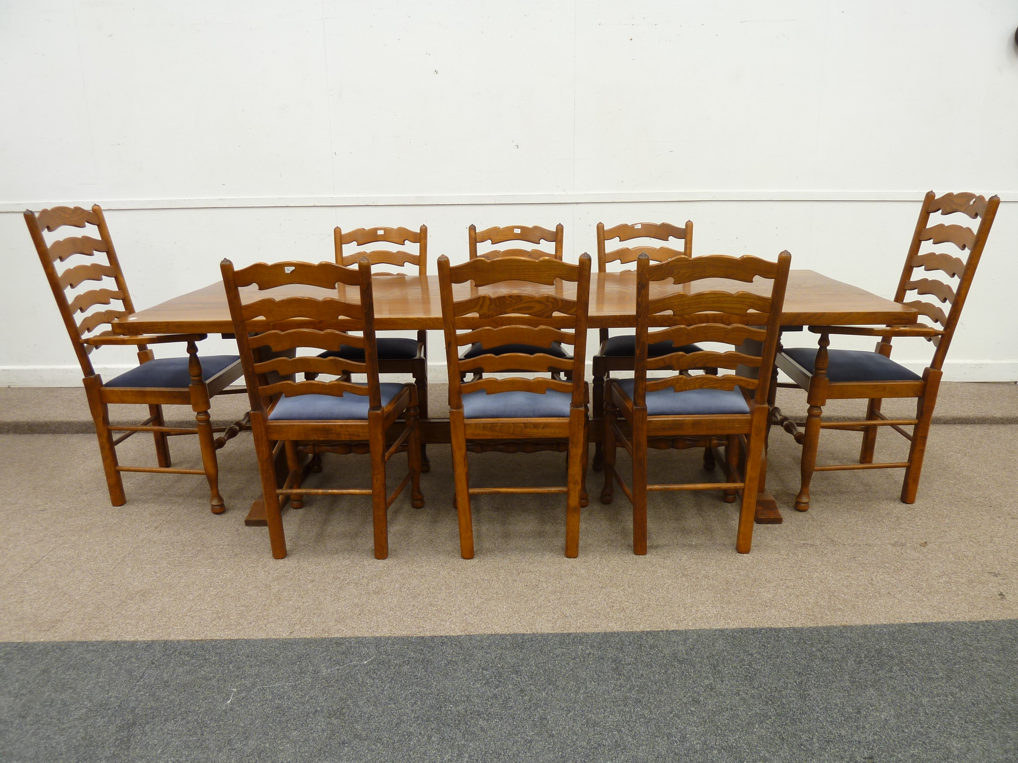 Large elm refectory dining table (L244cm x W94cm) and eight (6+2) chairs