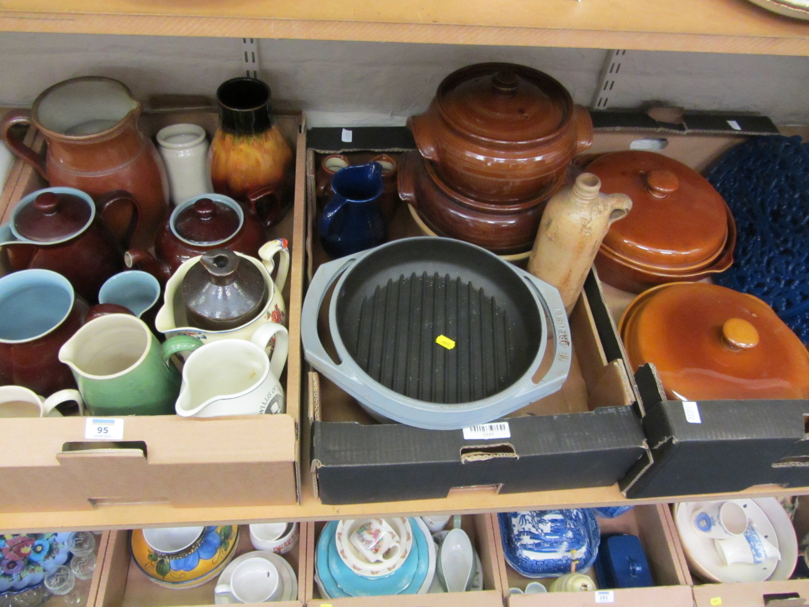 Le Creuset casserole griddle, Denby and other stoneware in three boxes