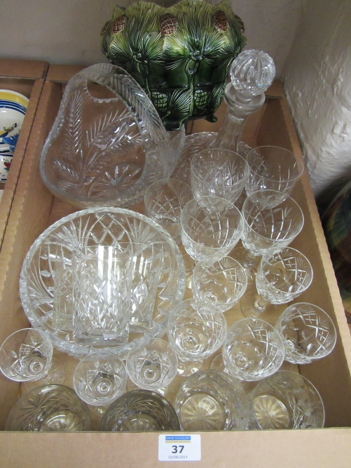Ships decanter, large basket and other cut crystal glassware in one box