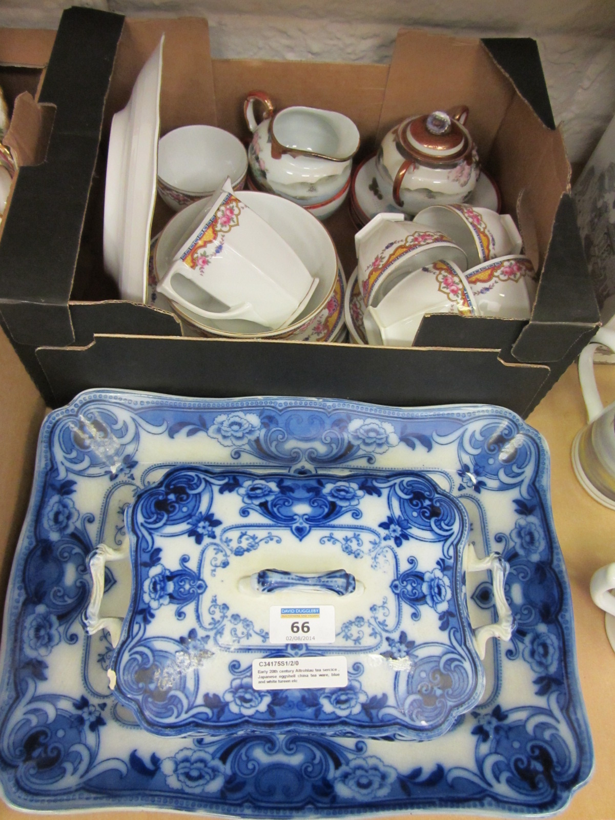 Early 20th century Altrohlau tea service , Japanese eggshell china tea ware, blue and white tureen