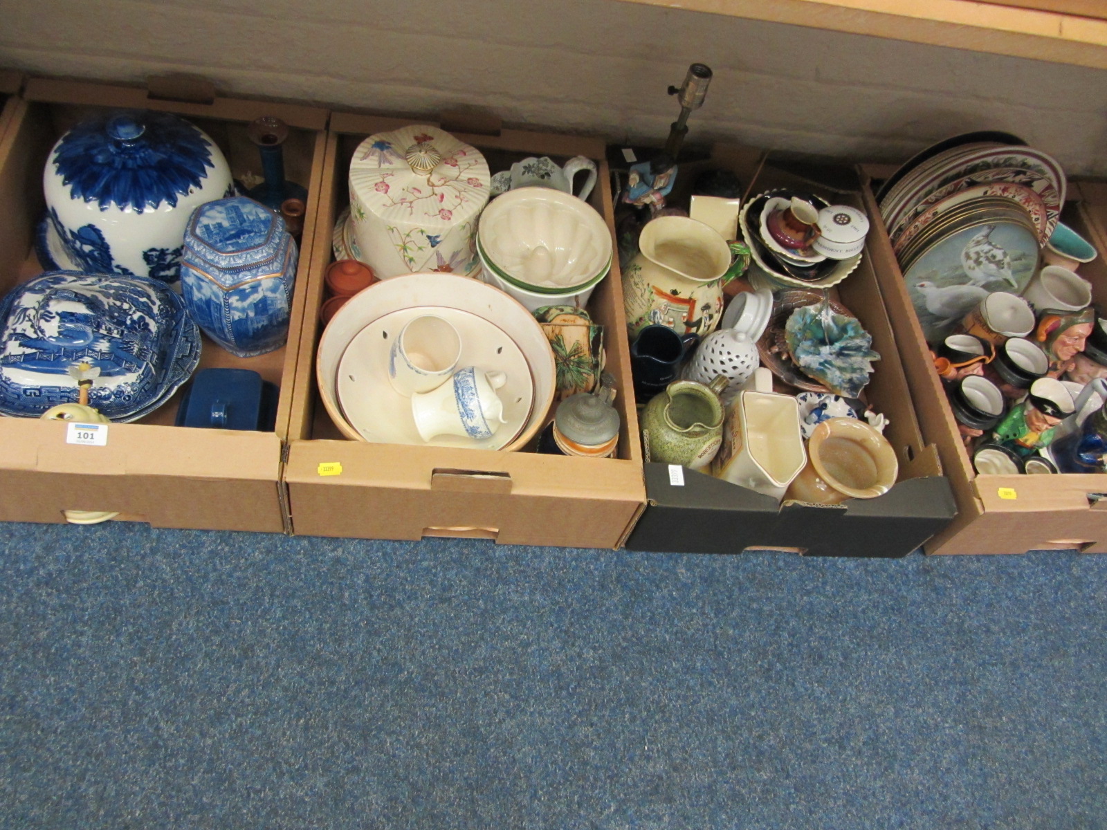 Ringtons tea canister, blue and white cheese dish and other ceramics in four boxes