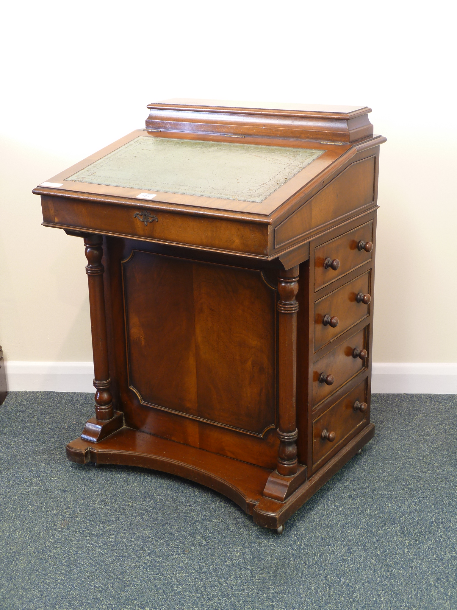 Regency style mahogany davenport, hinged fall front with inset leather writing surface