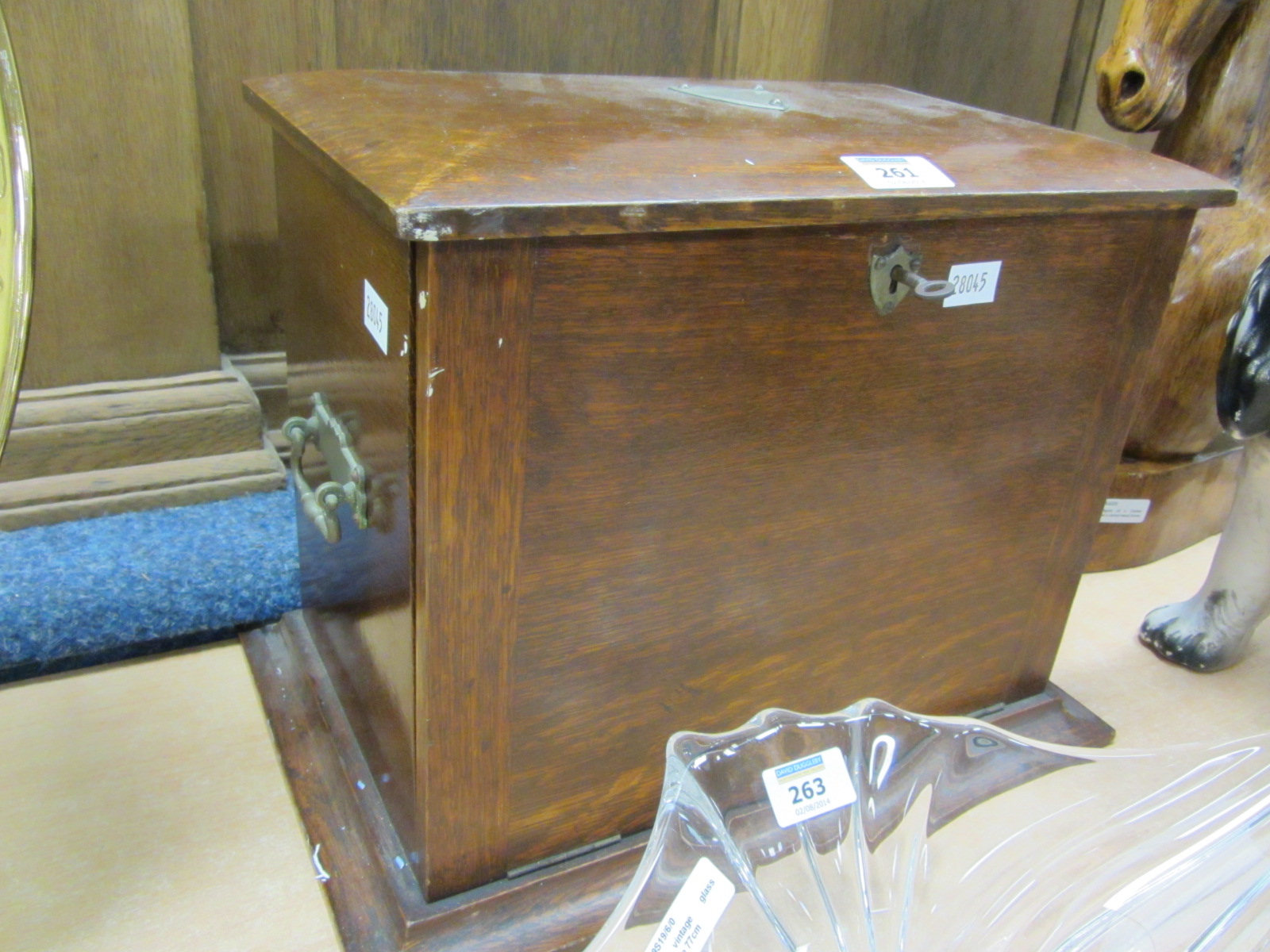 Edwardian oak cabinet hinged top and drop down front