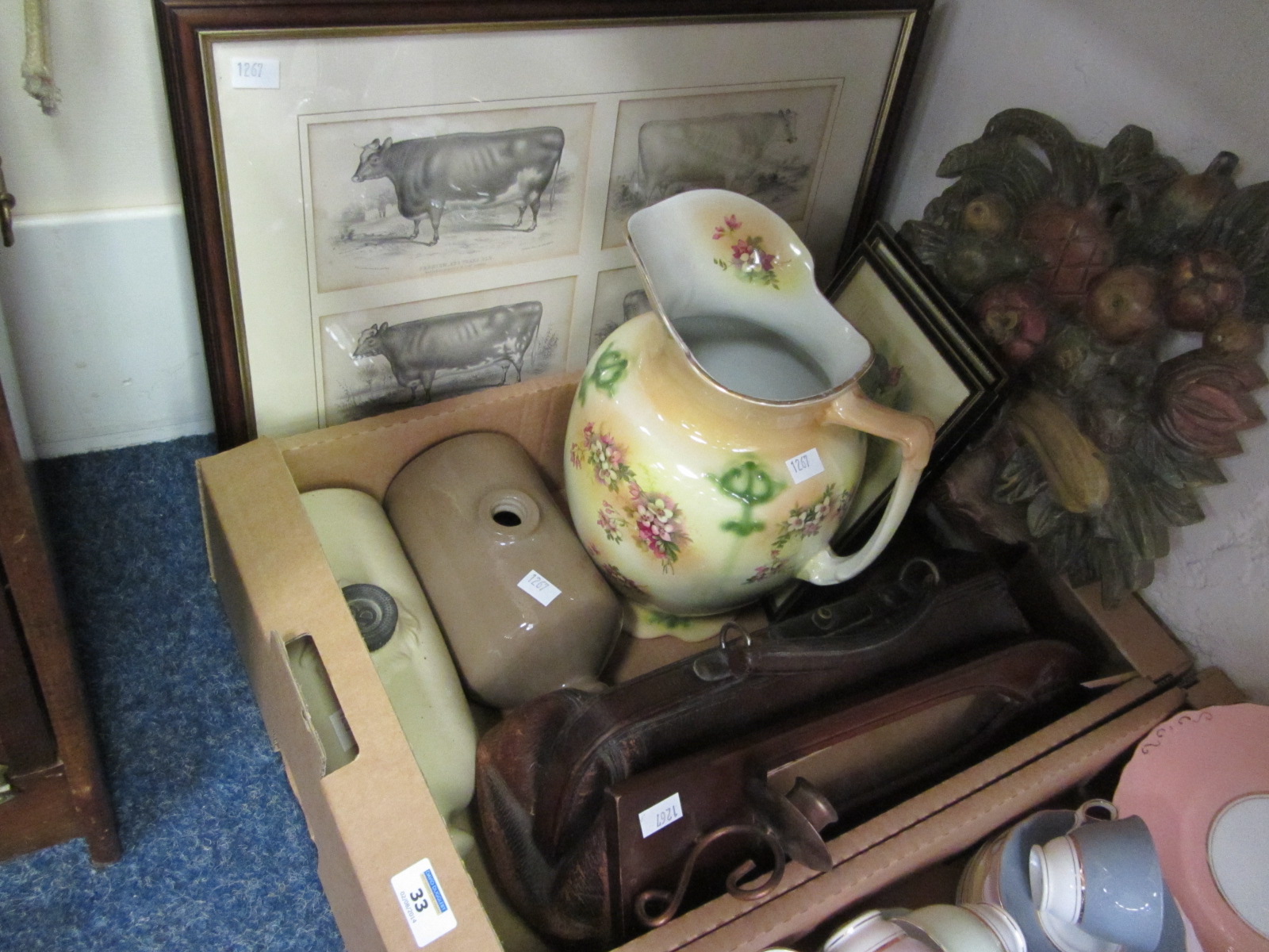 Leather Gladstone bag, stone hot water bottles, Edwardian toilet jug, engravings of prize cattle etc