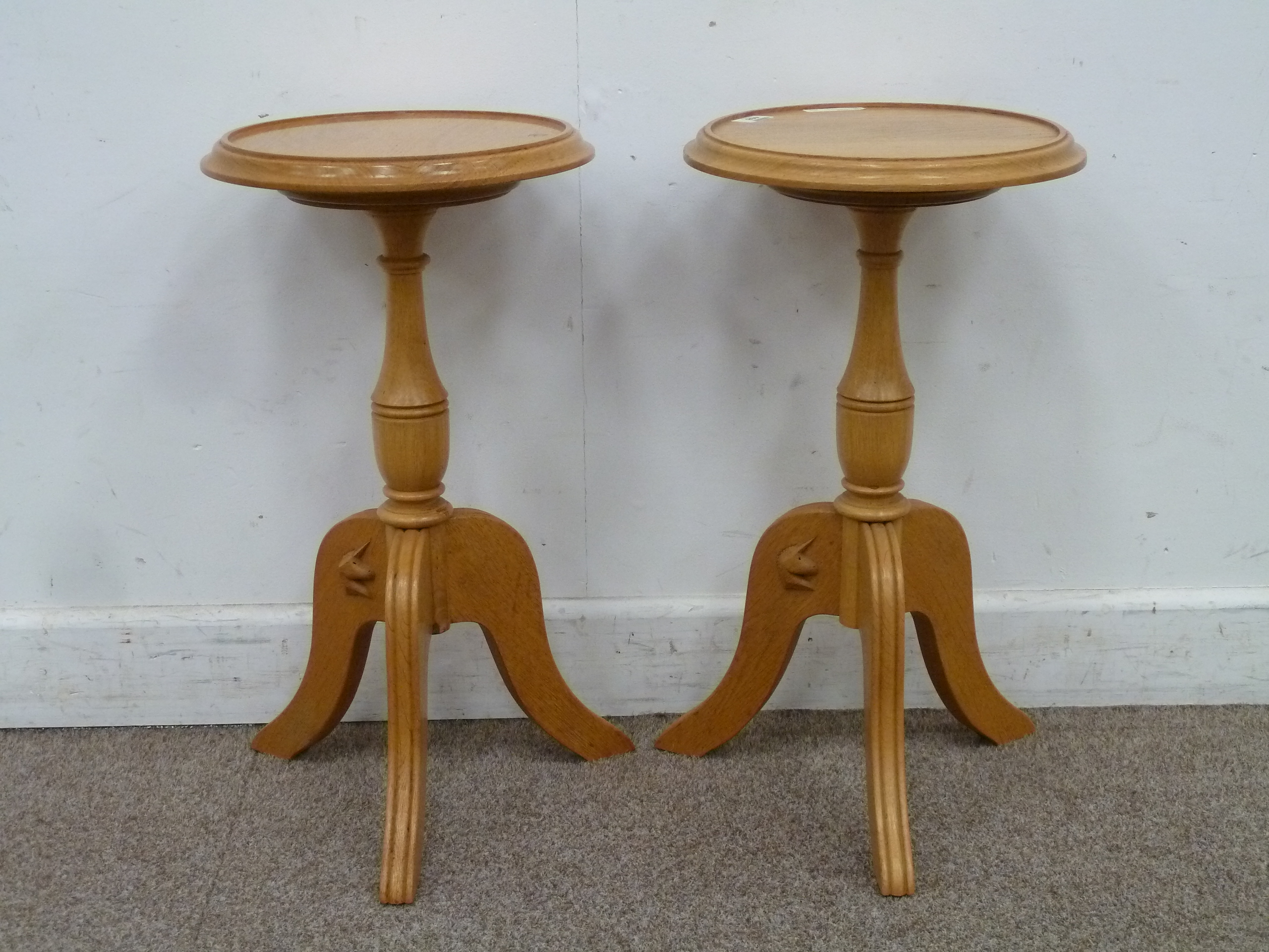 Pair Unicornman light oak wine tables by Geoff Gell of Coxwold, H60cm