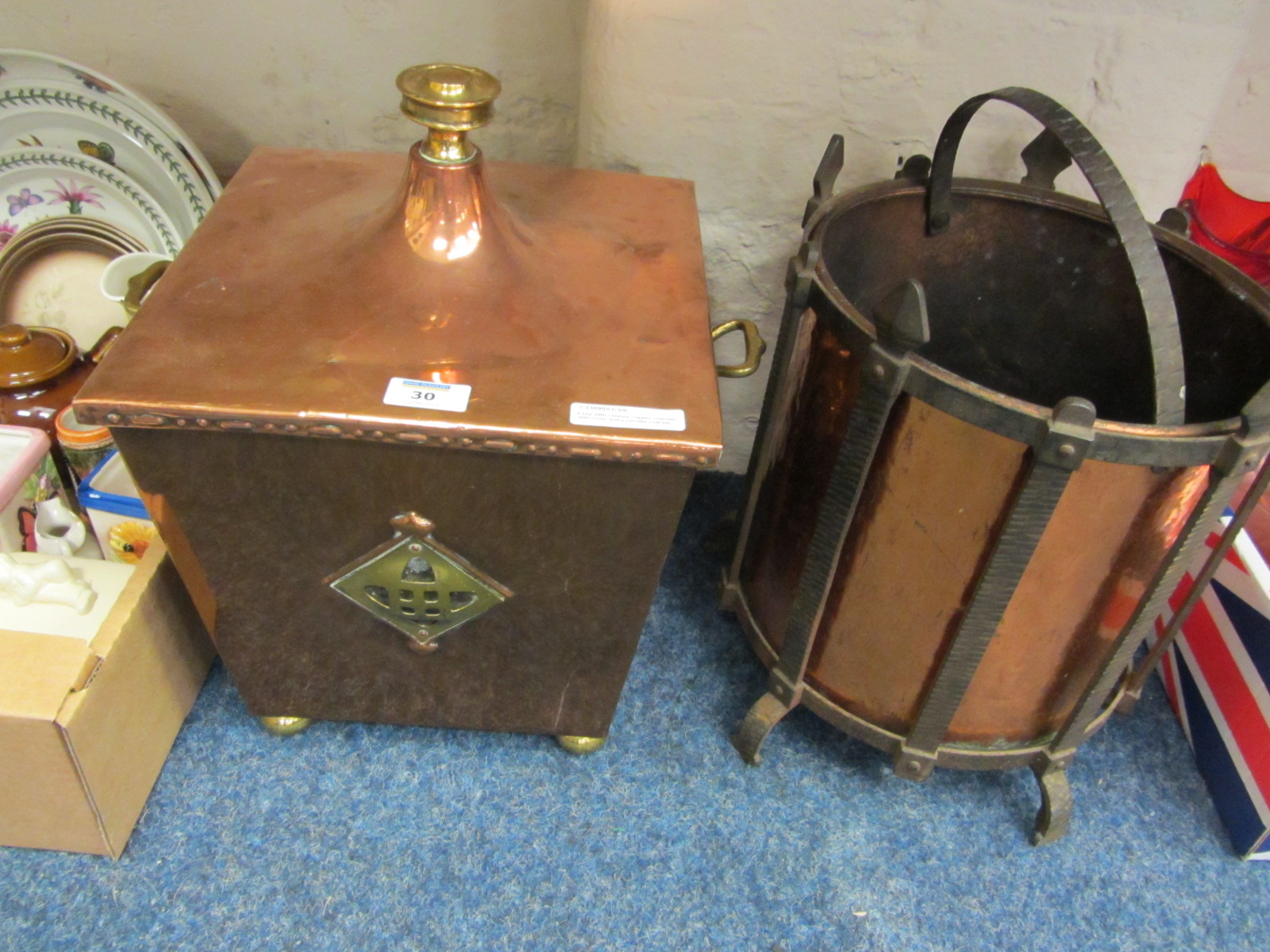 Early 20th century copper coal bin with cover and a circular coal bin