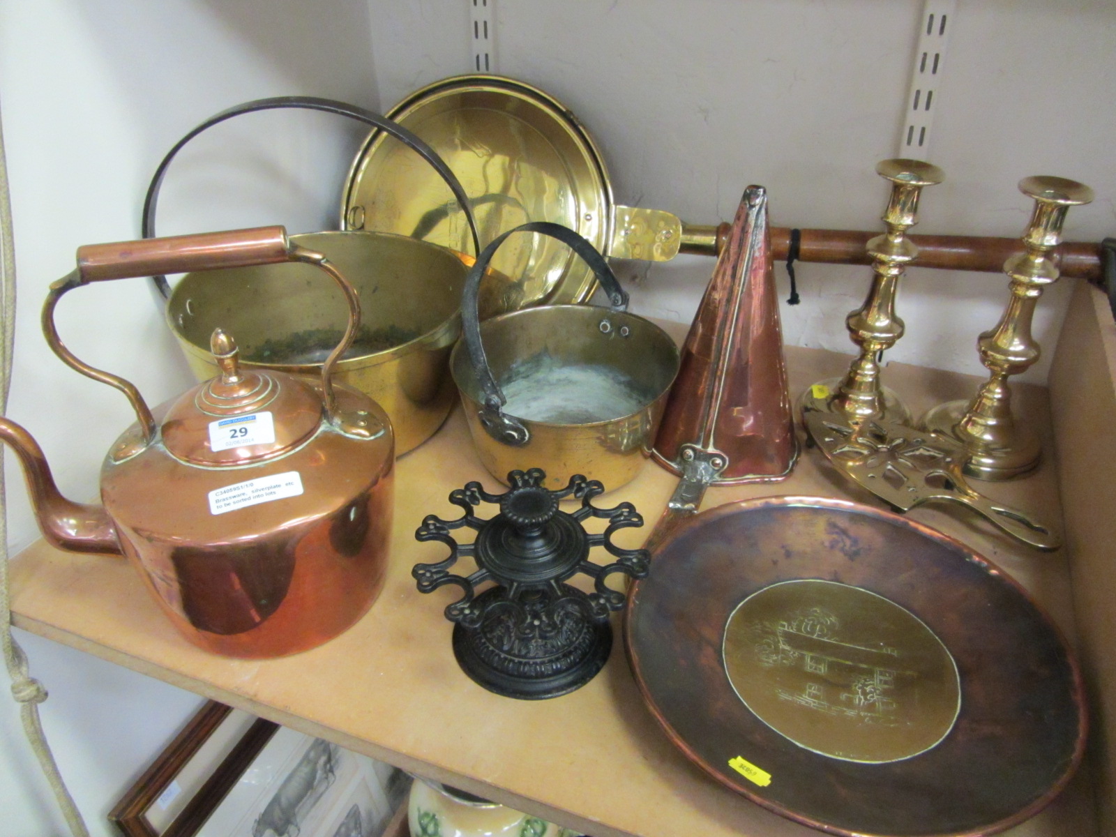 Victorian brass warming pan, preserve pans, pair candlesticks, copper kettle etc