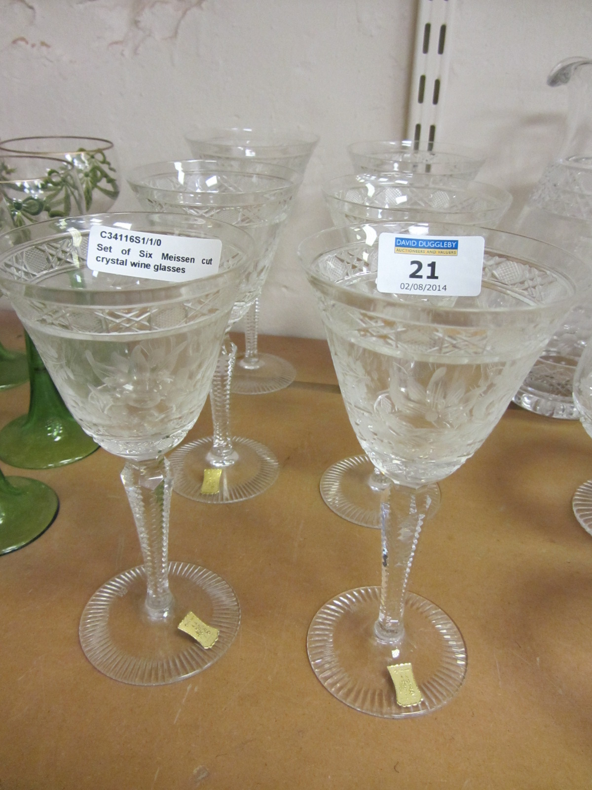 Set of Six Meissen cut crystal wine glasses