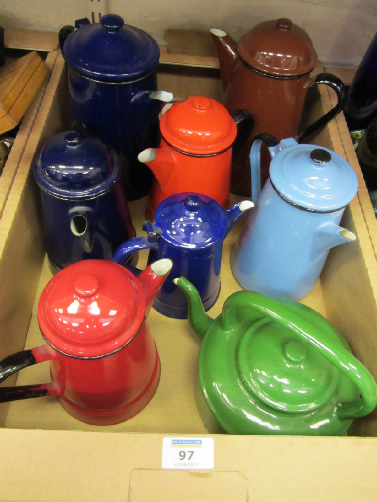 Eight enamel coffee pots and jugs