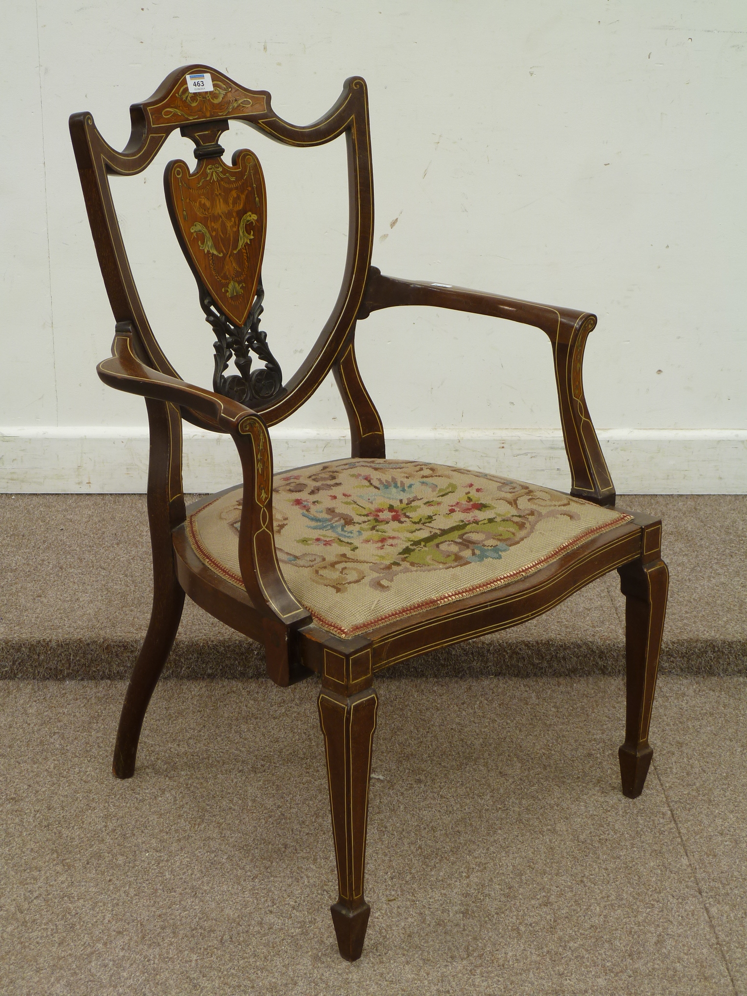 Edwardian inlaid rosewood salon chair, tapestry seat