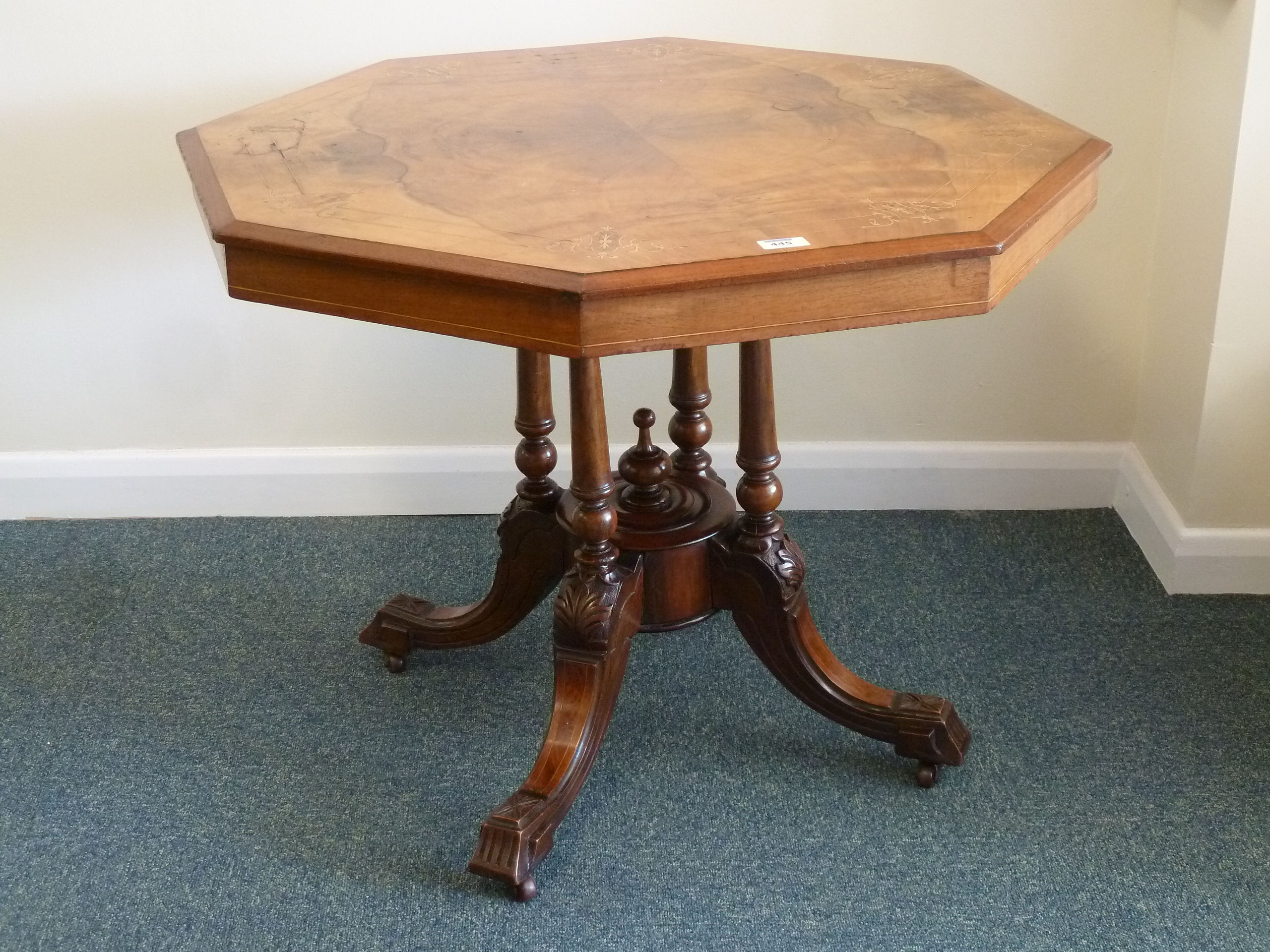 Victorian inlaid figured walnut octagonal centre table, 83cm square