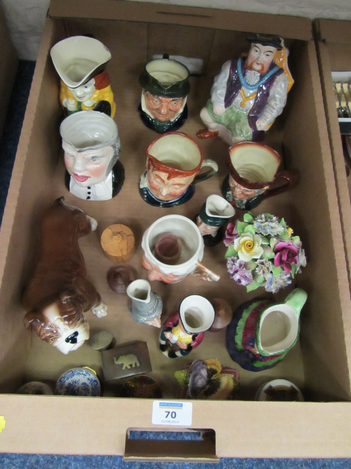 Royal Doulton character jugs, Sylvac bulldog and other ceramics in one box