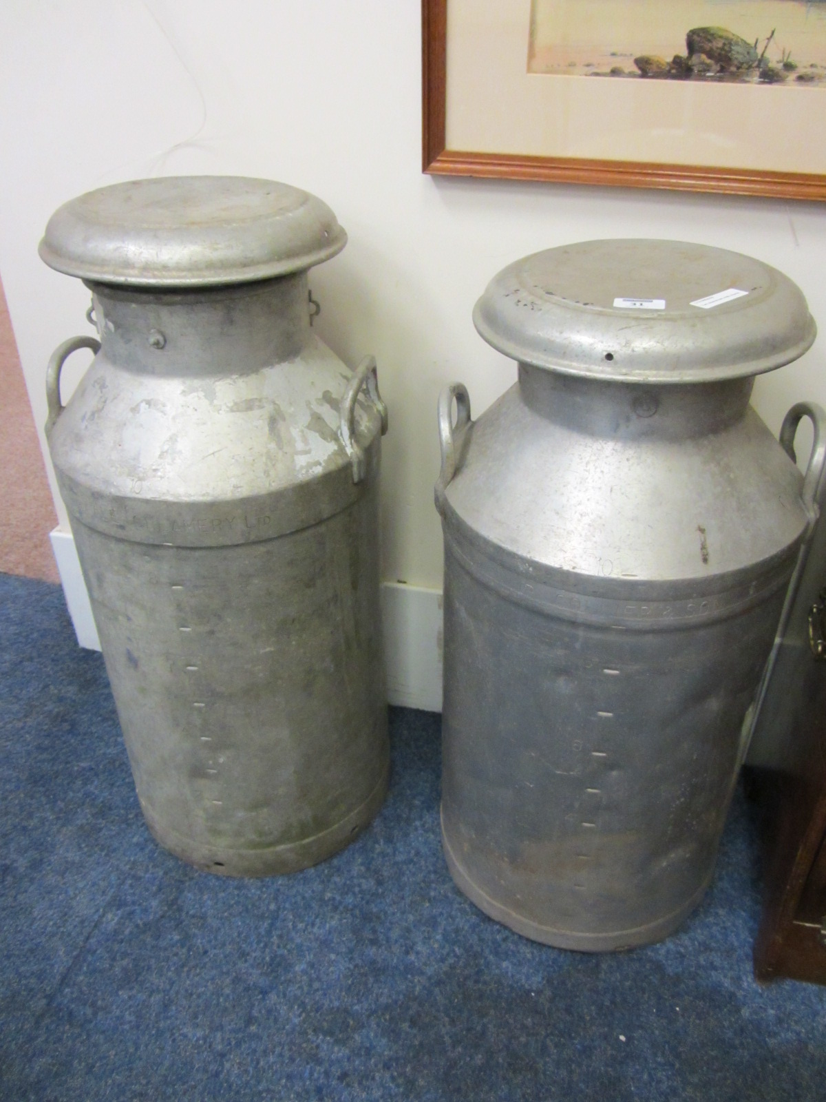 Two aluminium milk churns