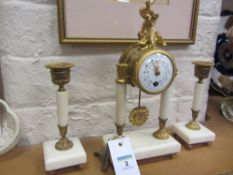 Mid 19th century French three piece alabaster and ormolu miniature clock garniture, painted convex