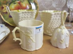 Two Belleek shell moulded hexagonal vases 11cm, a similar bell all with brown backstamps and a mug