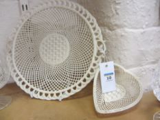 Belleek basket weave cake plate, impressed mark D27cm and a similar heart shaped basket