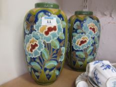 Pair of Burmantofts Faience Peony pattern vases with impressed marks and numbered 2041 H16.5cm
