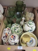 Masons Ironstone Chartreuse and Mandarin ceramics, coloured glassware etc in one box