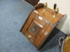 Edwardian oak coal box carved with a Yorkshire rose motif, complete with liner and coal shovel