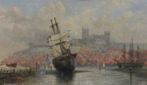 Richard Weatherill (British 1844-1923): Sailing Vessels in Whitby Harbour at low Tide, oil on