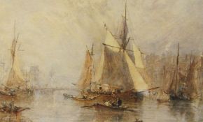 George Weatherill (British 1810-1890): Sailing Barge and Fishing Boats in Whitby Harbour,