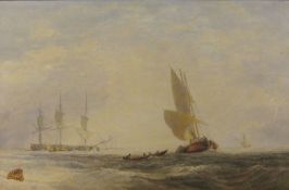 George Chambers Senr. (British 1803-1840): Sailing Barge and Frigate in Choppy Waters, watercolour