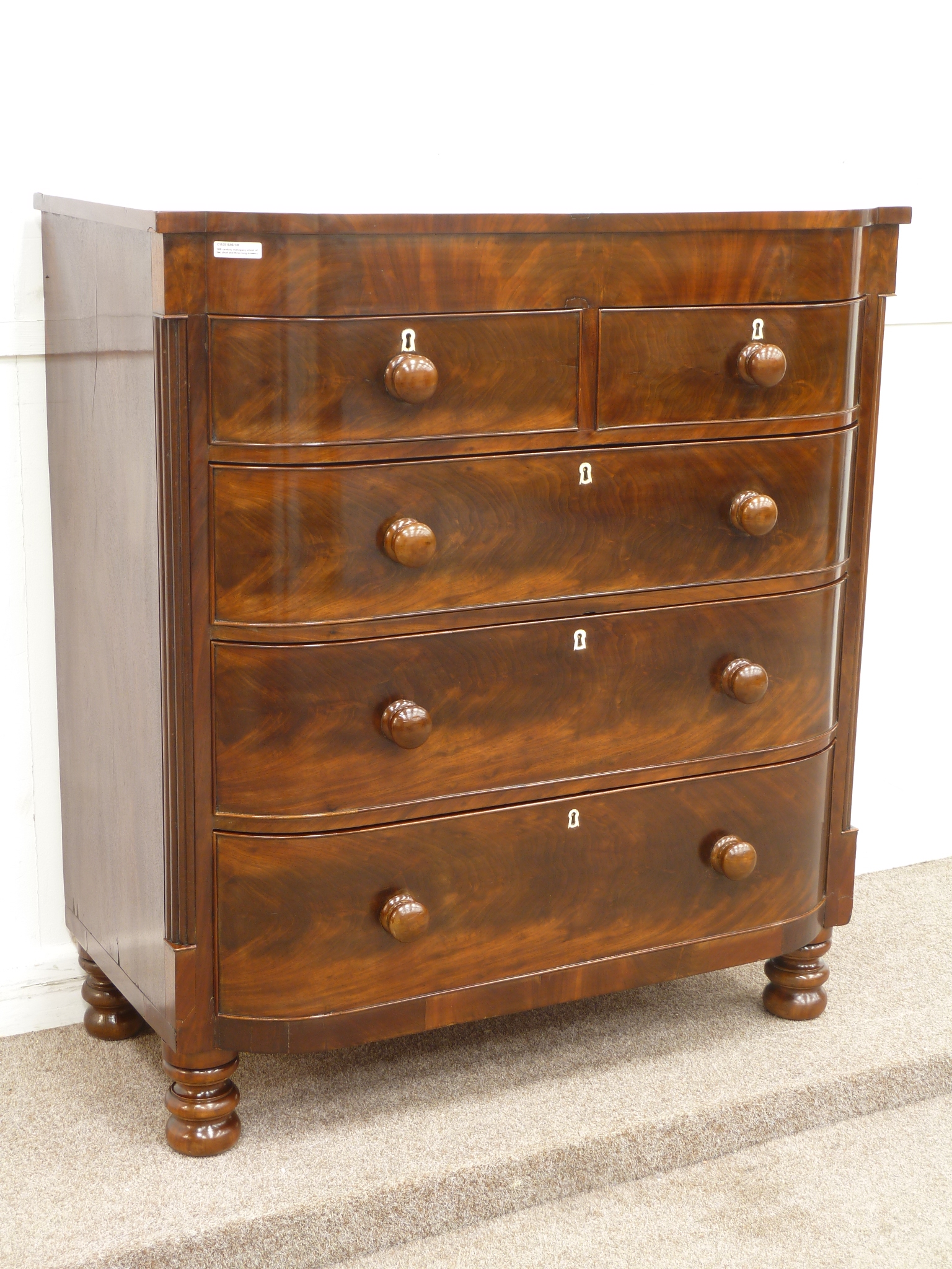 19th century mahogany chest of two short and three long drawers, W105cm