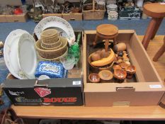 Child's turned three-legged wooden stool, wooden tray, collection of treen and assorted ceramics