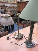 Green variegated marble column lamp and a burnished metal reading lamp