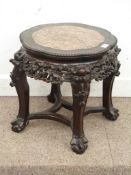 Late 19th century Eastern heavily carved rosewood jardiniere stand with marble top, H45cm x D43cm