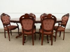 Italian marquetry oval twin pedestal dining table (L197cm x W108cm) and six (4+2) chairs