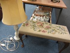 Alabaster table lamp and footstool with needlework top