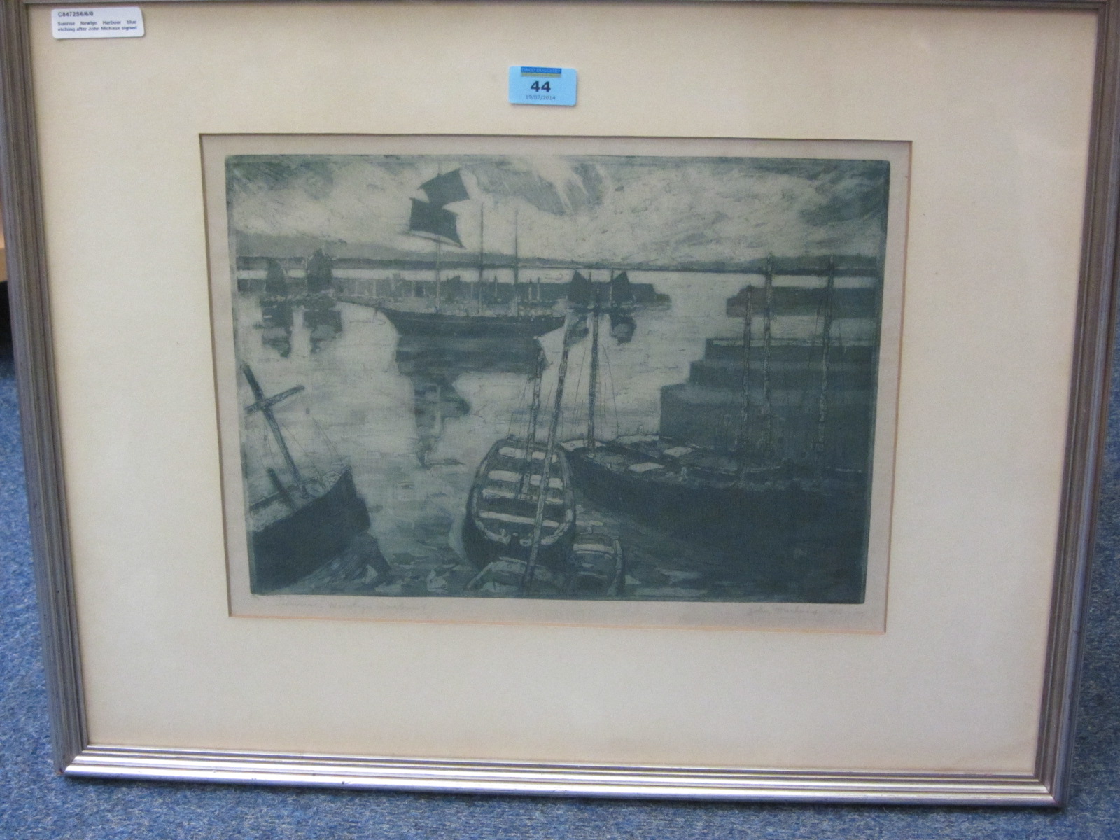 'Sunrise Newlyn Harbour', John Michaux early 20th Century blue etching signed and titled in pencil