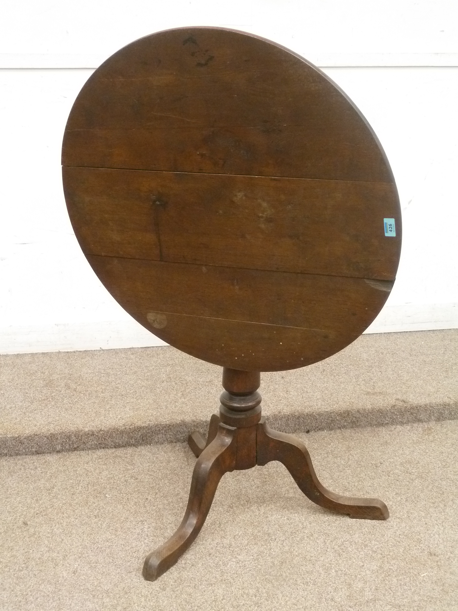 Late 18th century oak circular snap top table on tripod base, D78cm, H73cm - Image 2 of 2