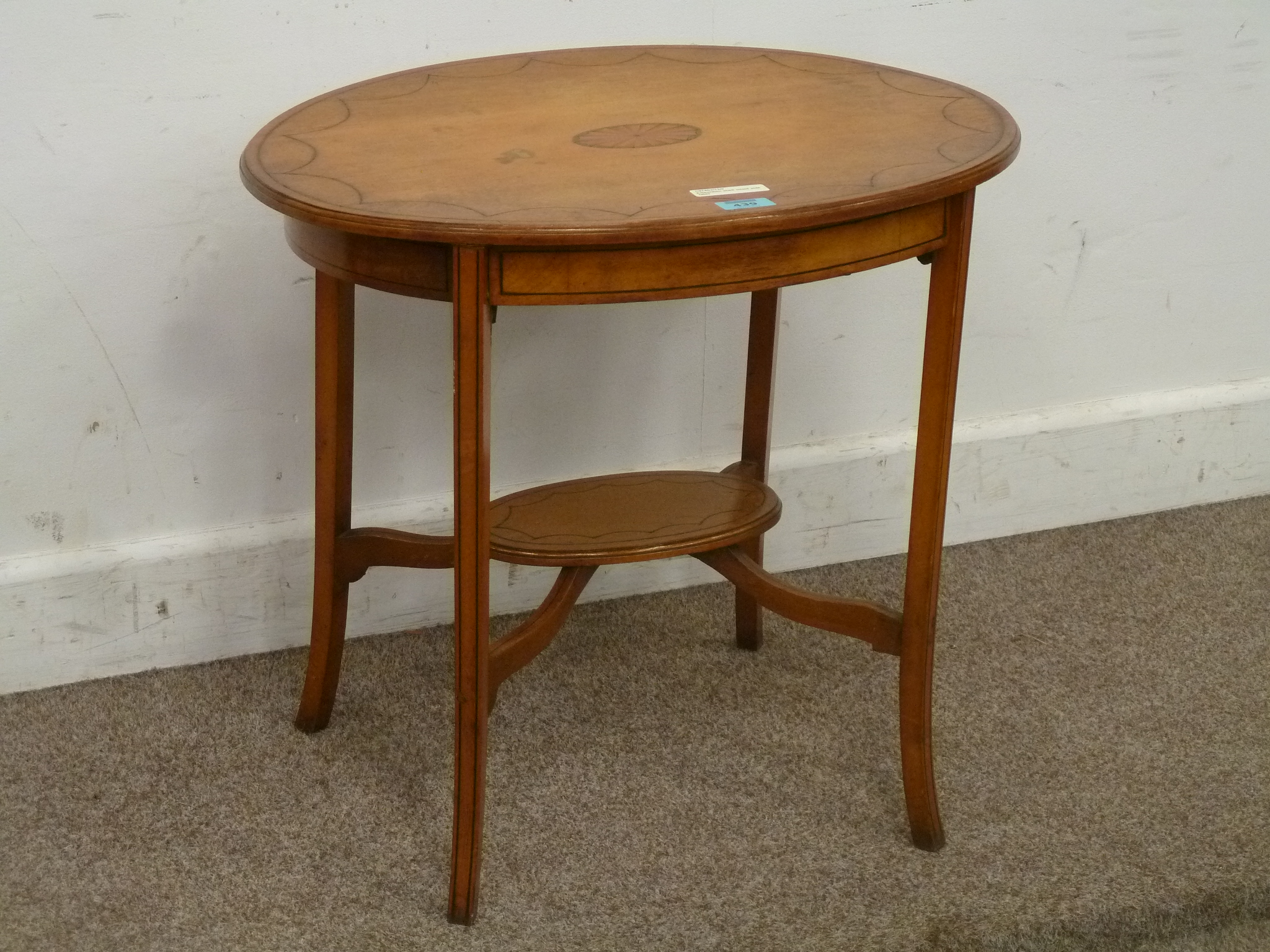Edwardian satinwood occasional table inlaid with shell motif, H54cm