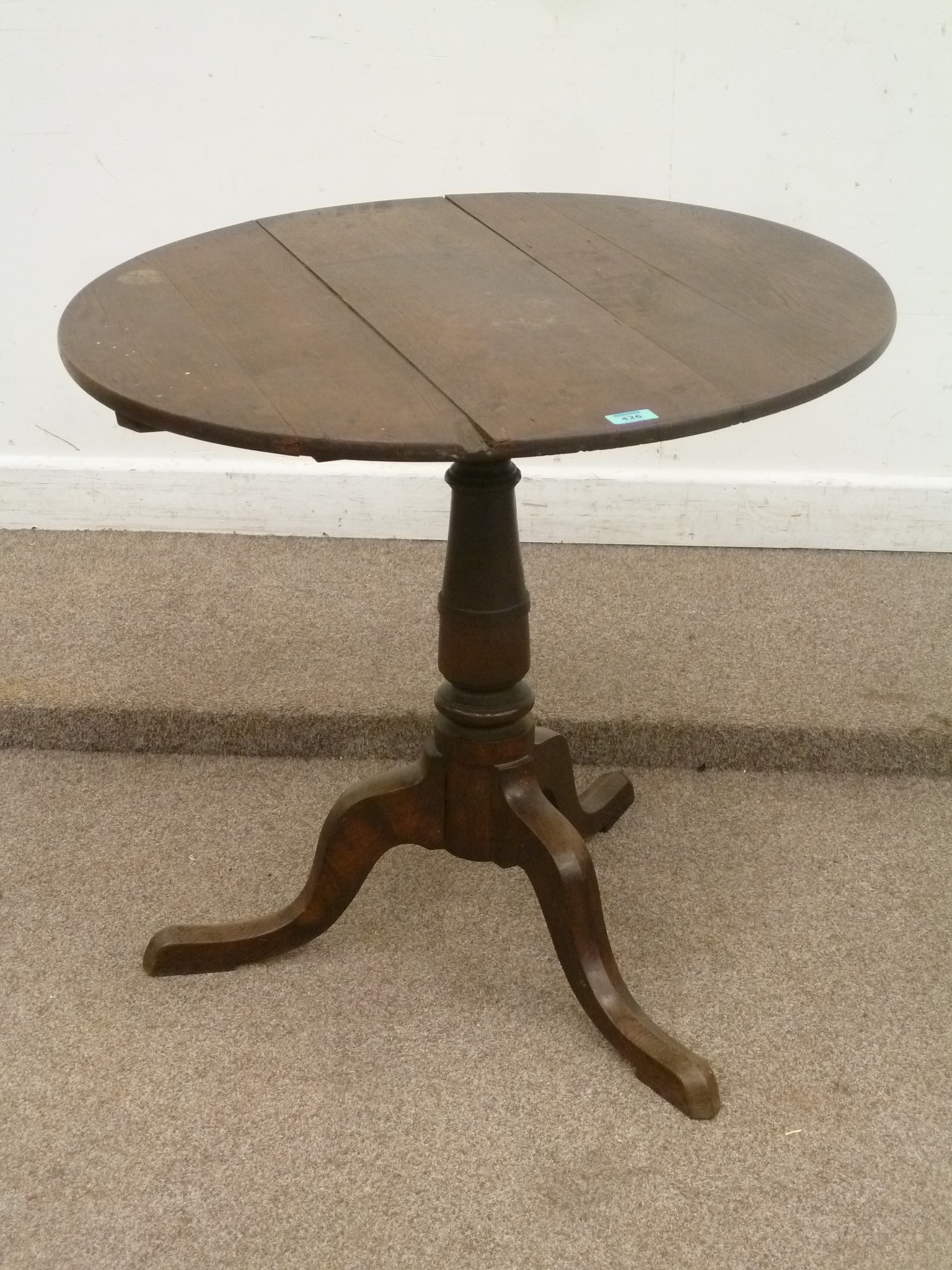 Late 18th century oak circular snap top table on tripod base, D78cm, H73cm