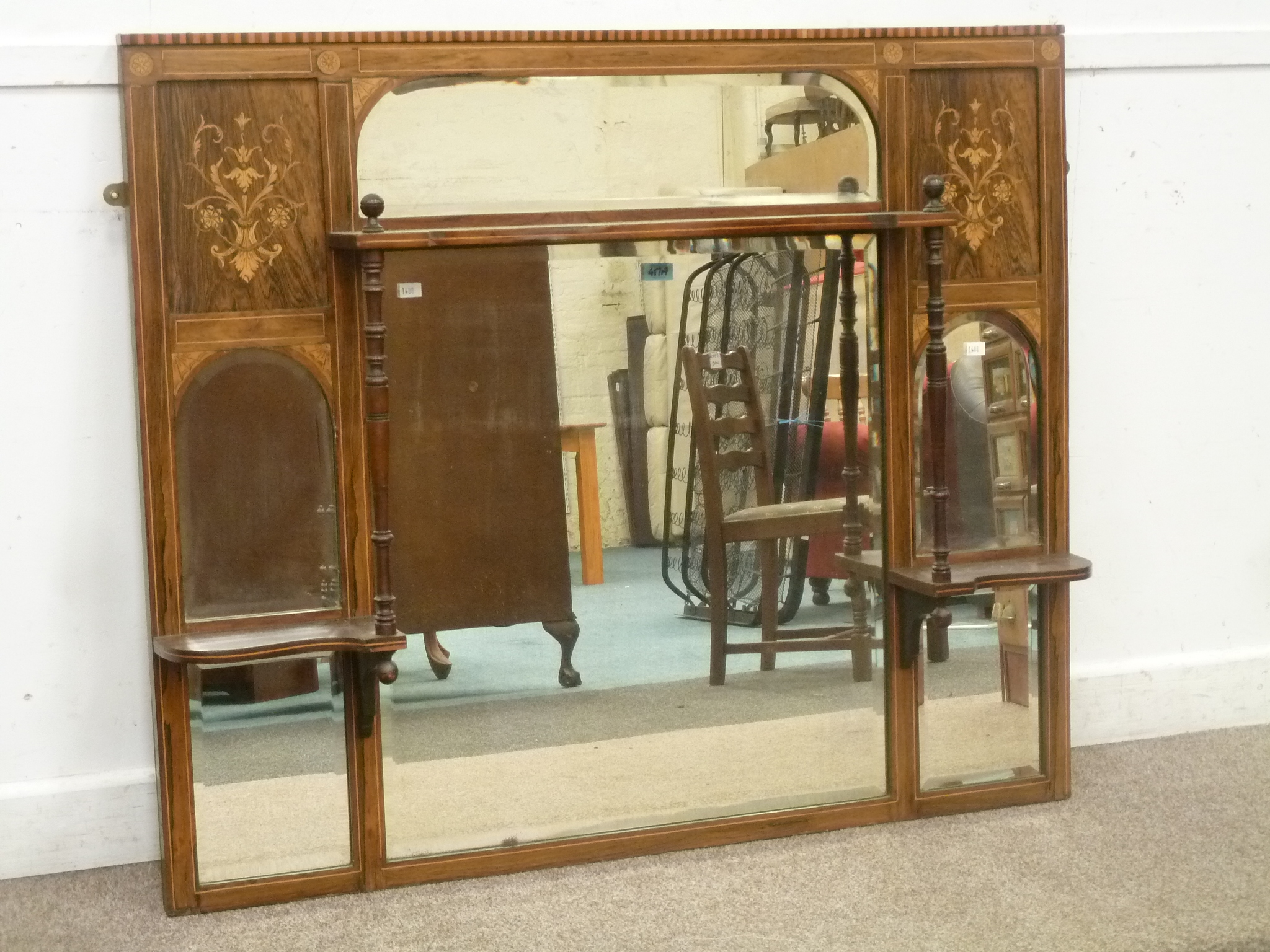 Edwardian inlaid rosewood overmantle mirror, W121cm